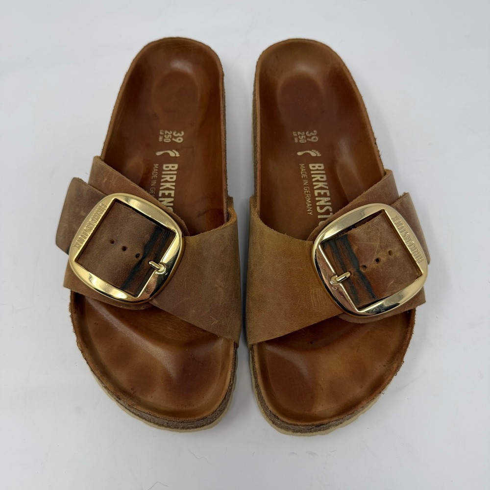 Birkenstock Madrid Big Buckle Oiled Leather Slide Cognac Brown Women 39 8-8.5